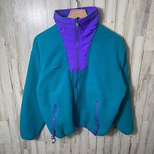 Vintage 90s Columbia Fleece Teal Purple Bomber Full Zip Jacket Womens Large